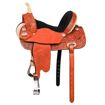 Hilason Western Horse Barrel Flex Tree Trail Saddle American Leather Tan Gorgeous Floral Hand Tooled & Carved